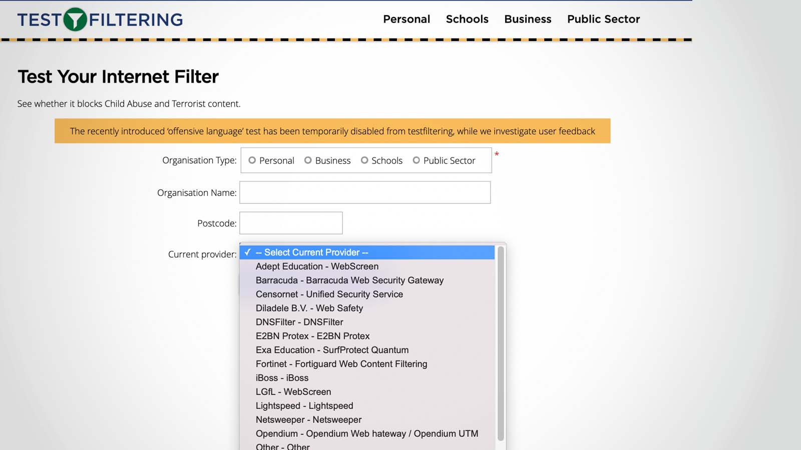 Bildet viser en nettside fra England hvor man kan teste skolefilter.